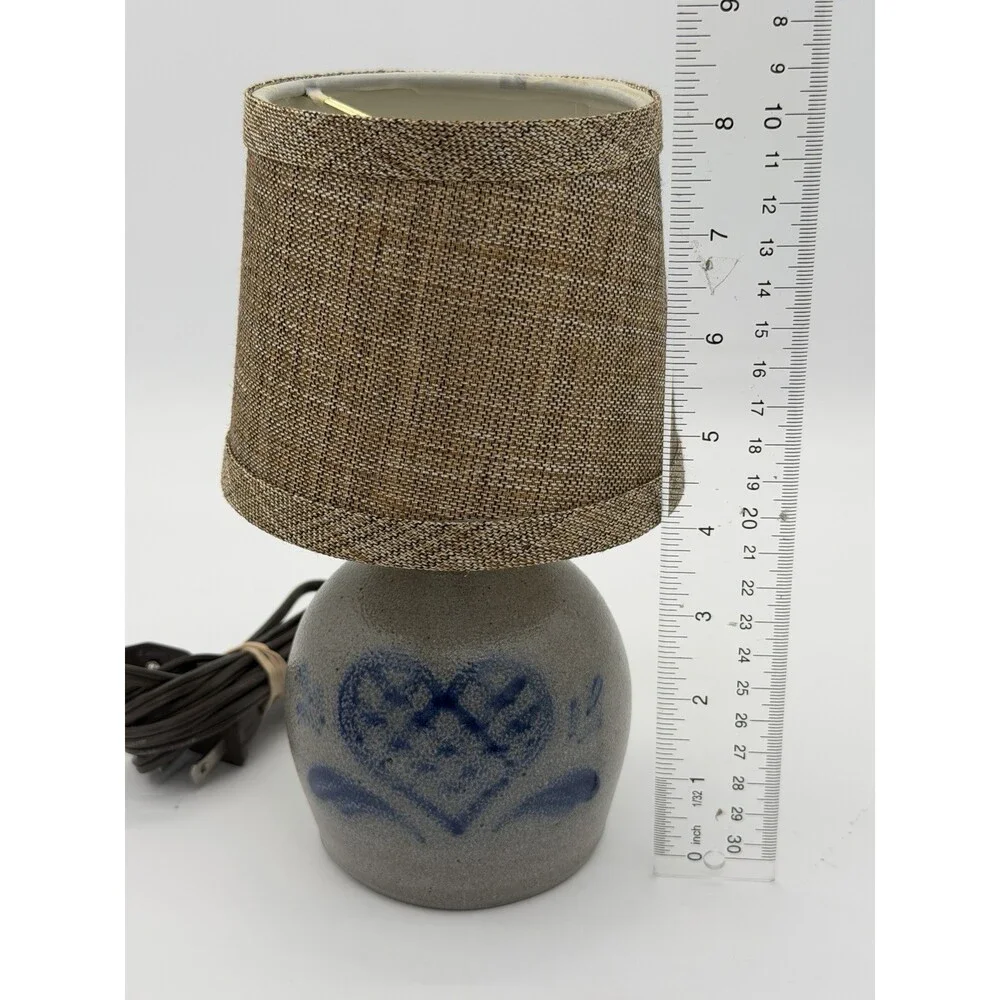 1997 Rowe Pottery salt-glazed stoneware accent lamp painted Blue Heart 8.5 Small